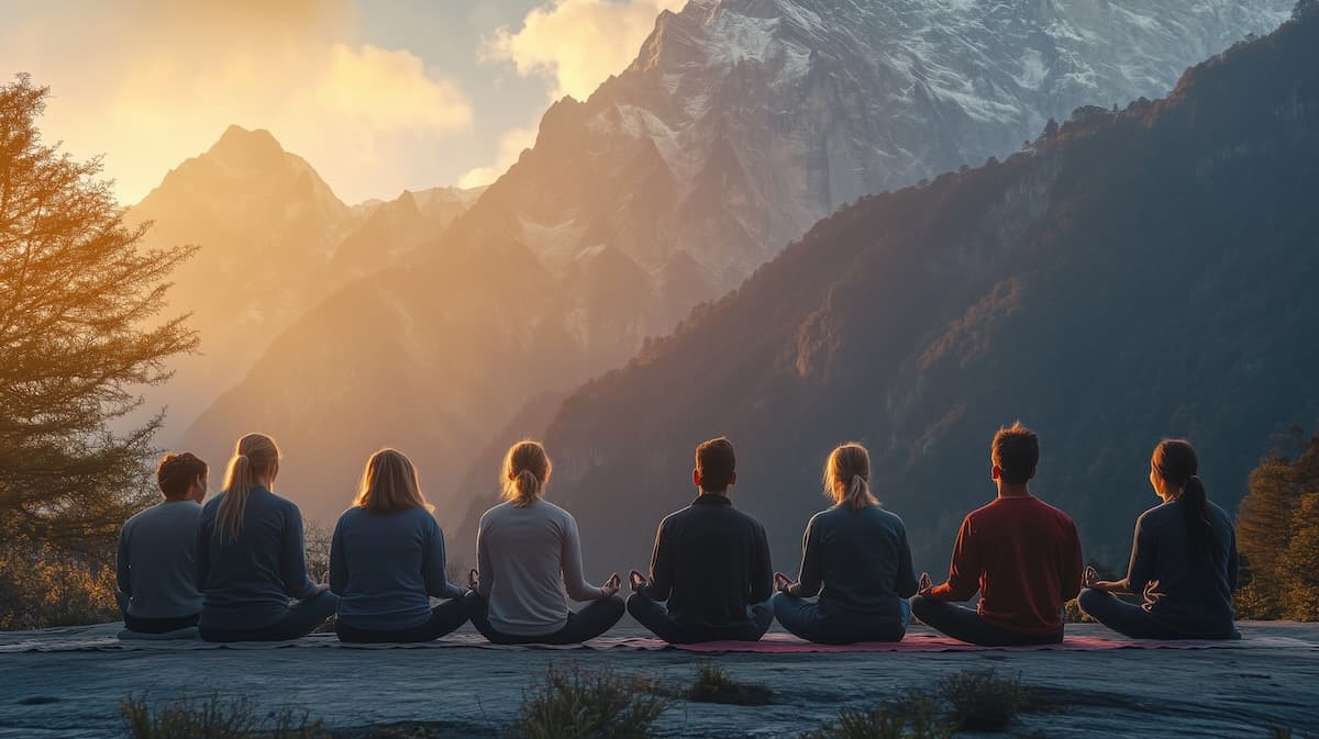 Groupes faisant du yoga à la montagne